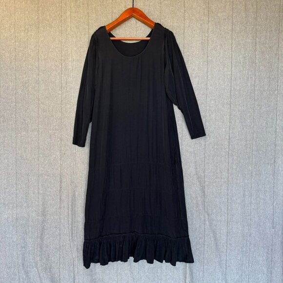 Vintage Anna Bella Designs Black Rayon Long Puff Sleeve Ruffle Hem Maxi Dress - Picture 8 of 11
